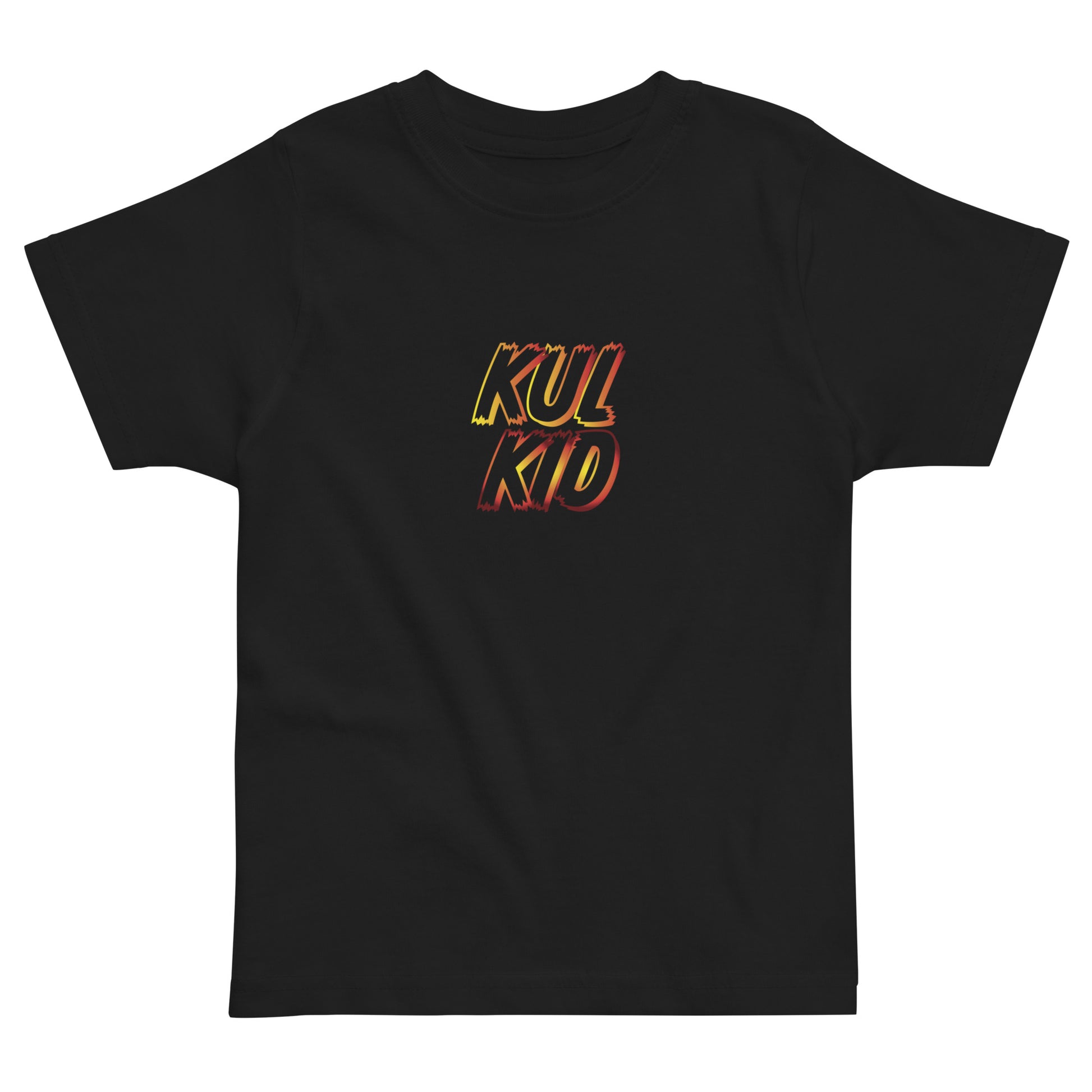 Sort barne-t-skjorte med KUL KID-logo og åpne flammer i oransje og rød nyanse.