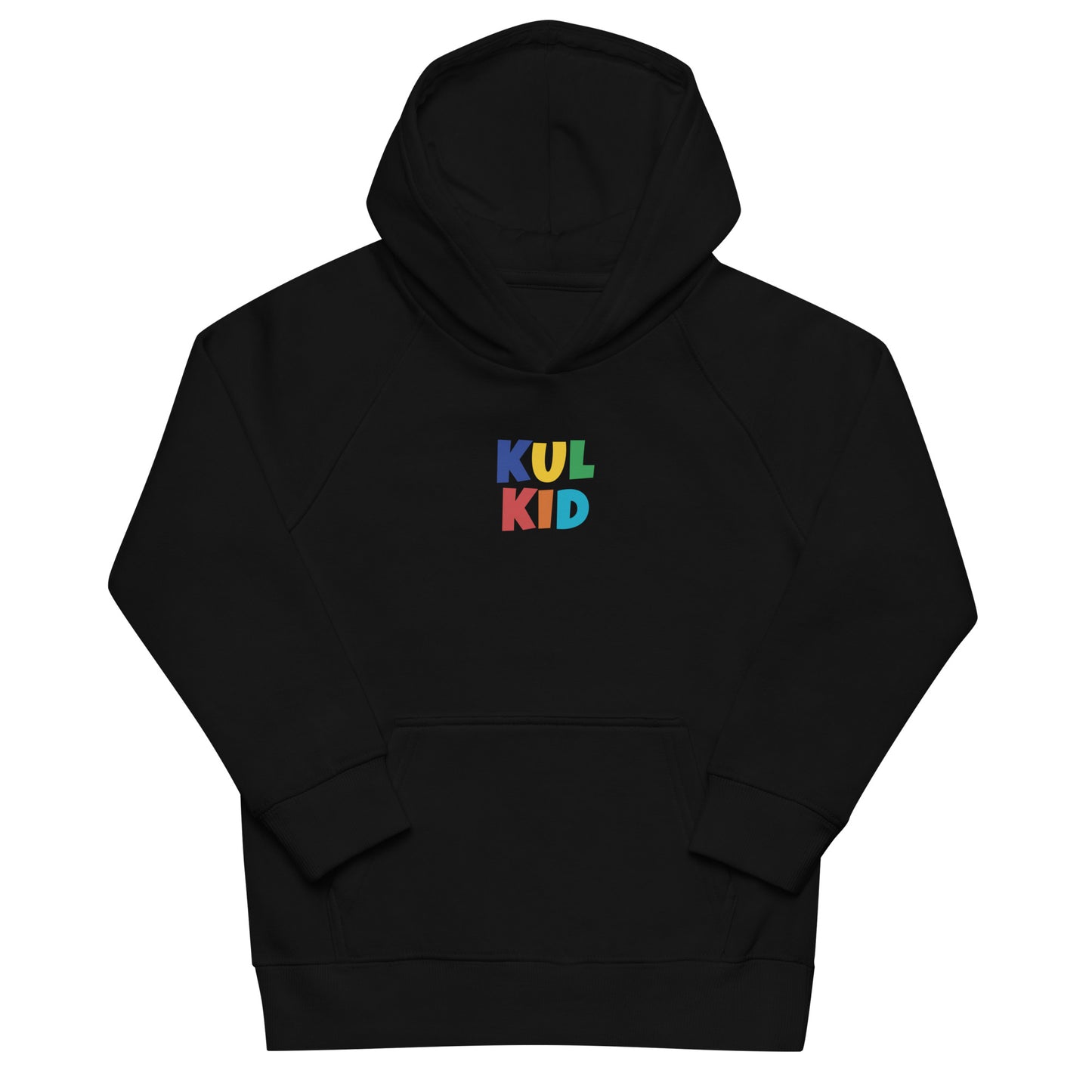 Svart hettegenser med fargerik KUL KID-logo på brystet, avbildet mot lys bakgrunn.