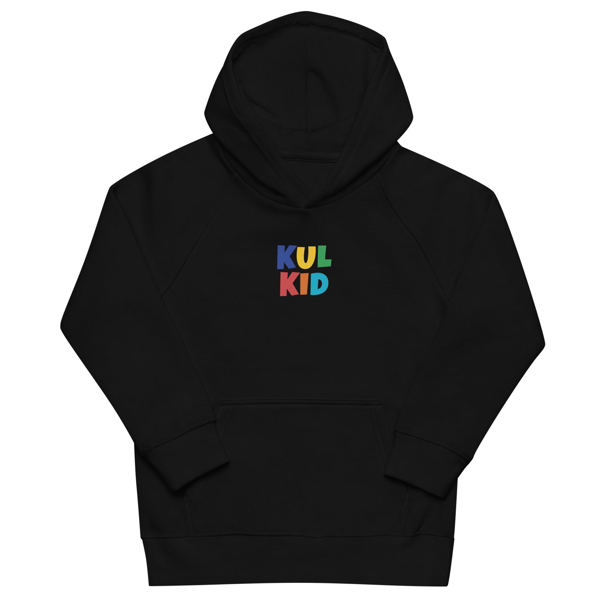 Svart hettegenser med fargerik KUL KID-logo på brystet, avbildet mot lys bakgrunn.