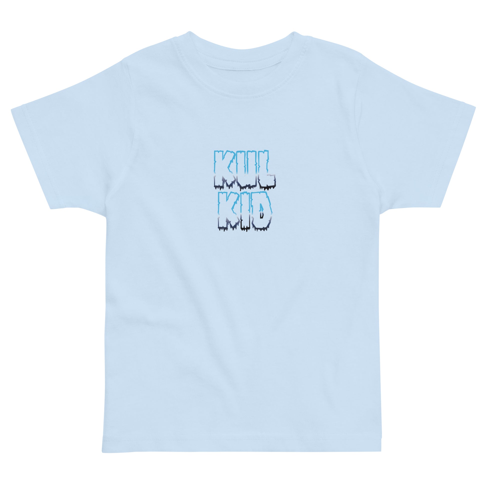 Lyseblå barne-t-skjorte med KUL KID Frost-logo i hvitt trykk.