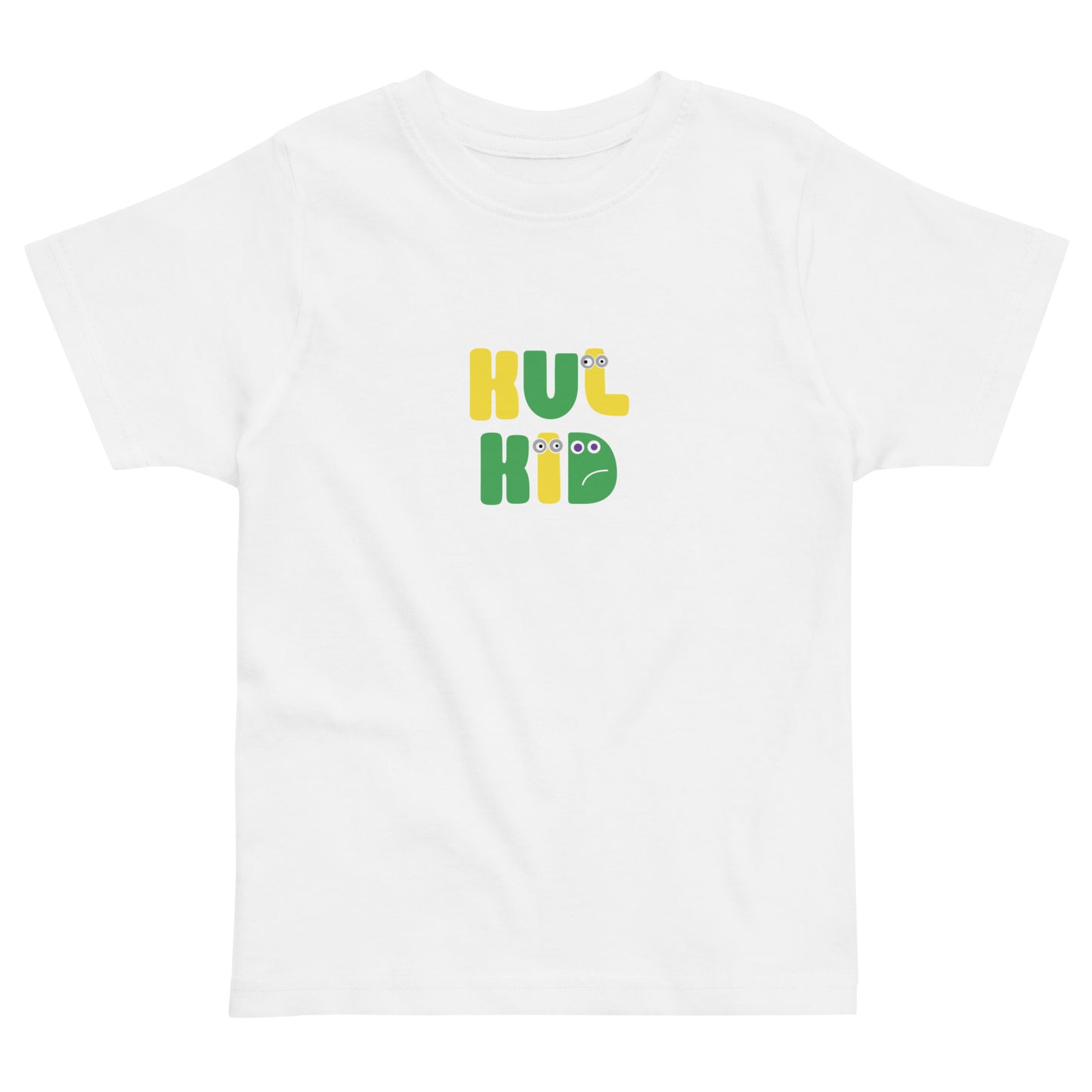 Hvit barne-t-skjorte med KUL KID Minions Moro-logo i gult og grønt trykk.