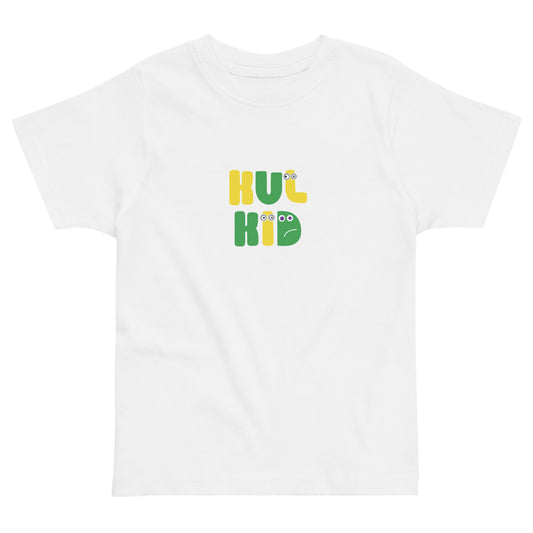 Hvit barne-t-skjorte med KUL KID Minions Moro-logo i gult og grønt trykk.