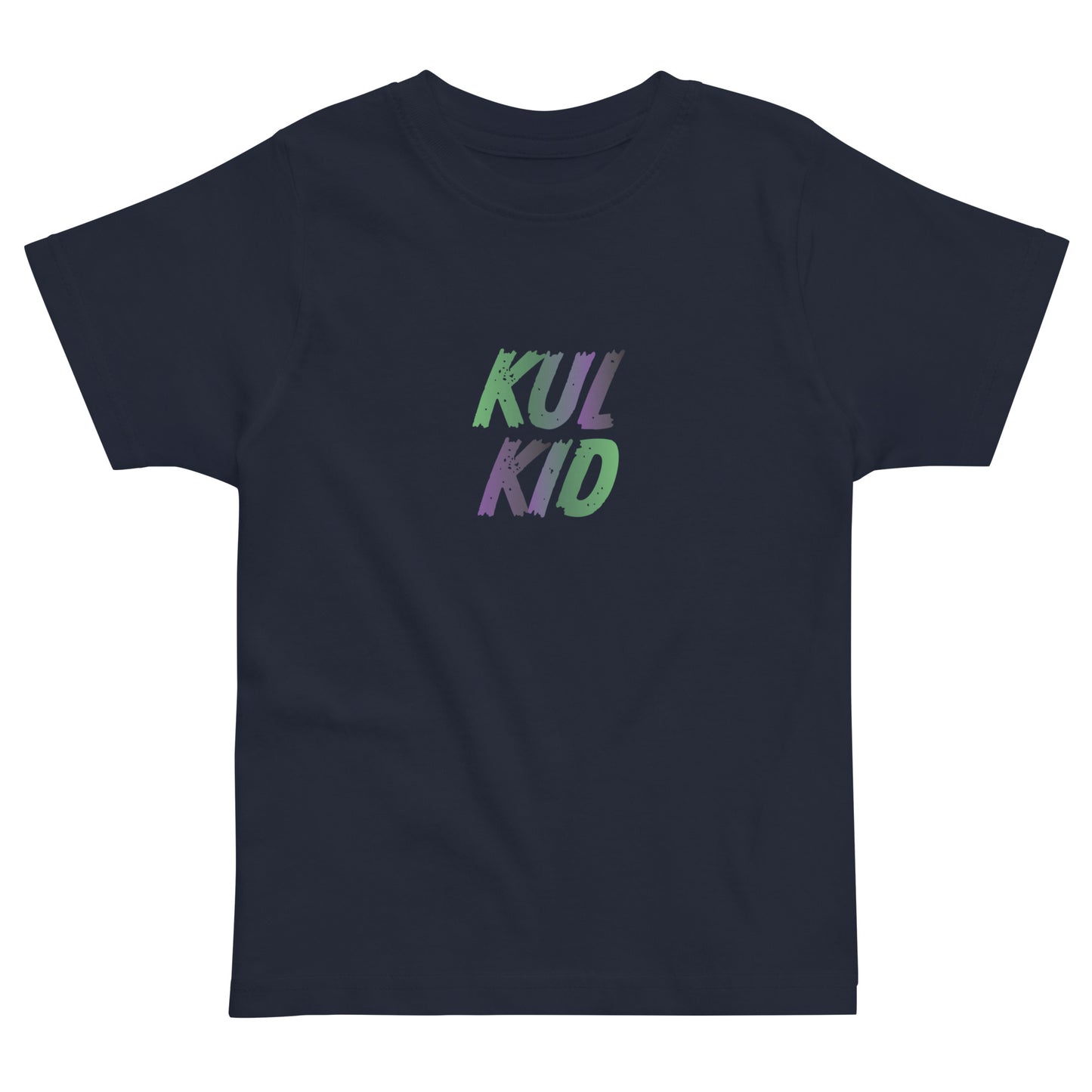 Sort barne-t-skjorte med KUL KID Smash Slitt-logo i grønn og lilla nyanse.