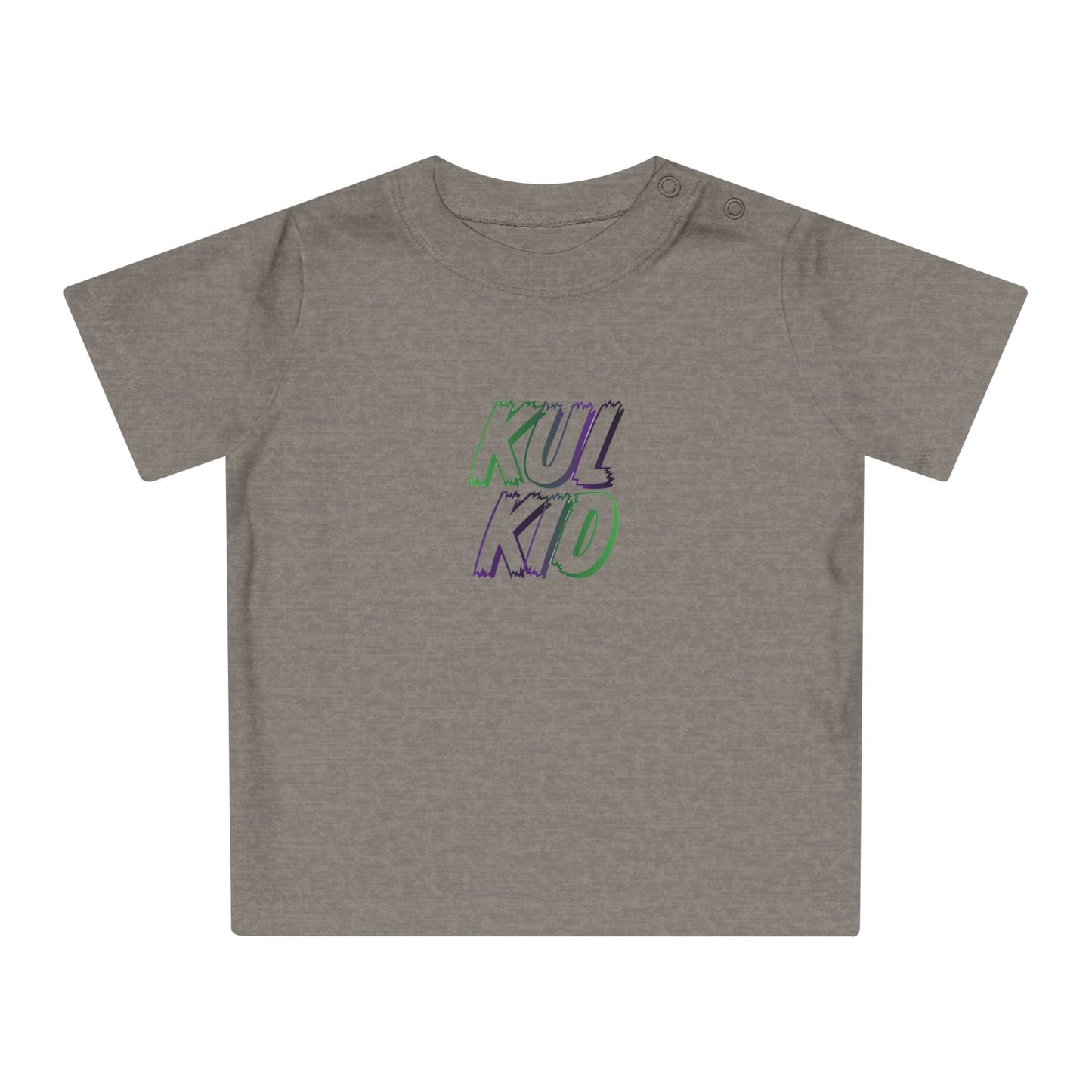 Grå baby-t-skjorte med KUL KID Smash-logo trykket i grønn og lilla på fronten.