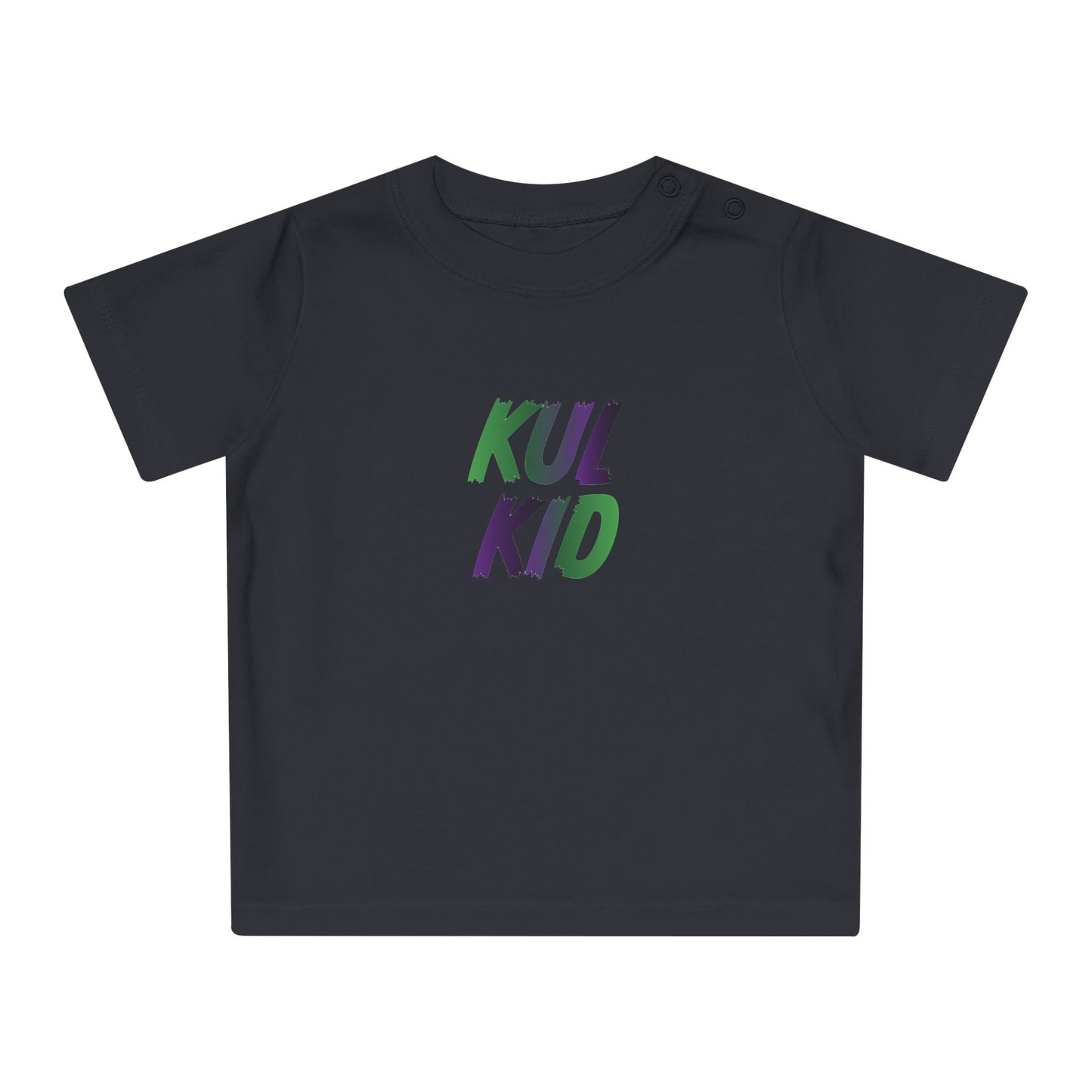 Sort baby-t-skjorte med KUL KID-logo i grønn og lilla Smash Kjempen-design.