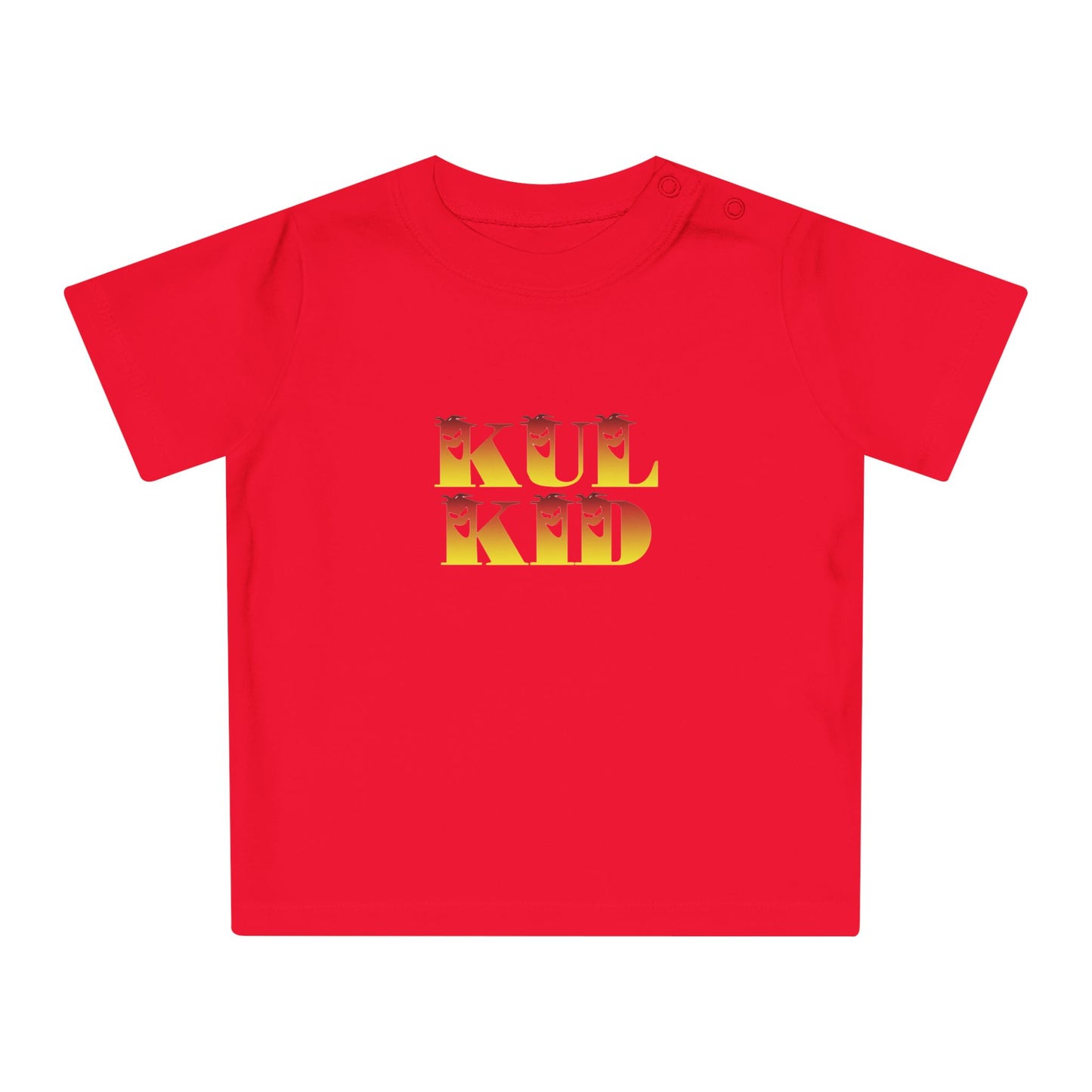 Rød baby-t-skjorte med KUL KID Solspøkelse-logo trykket på fronten.