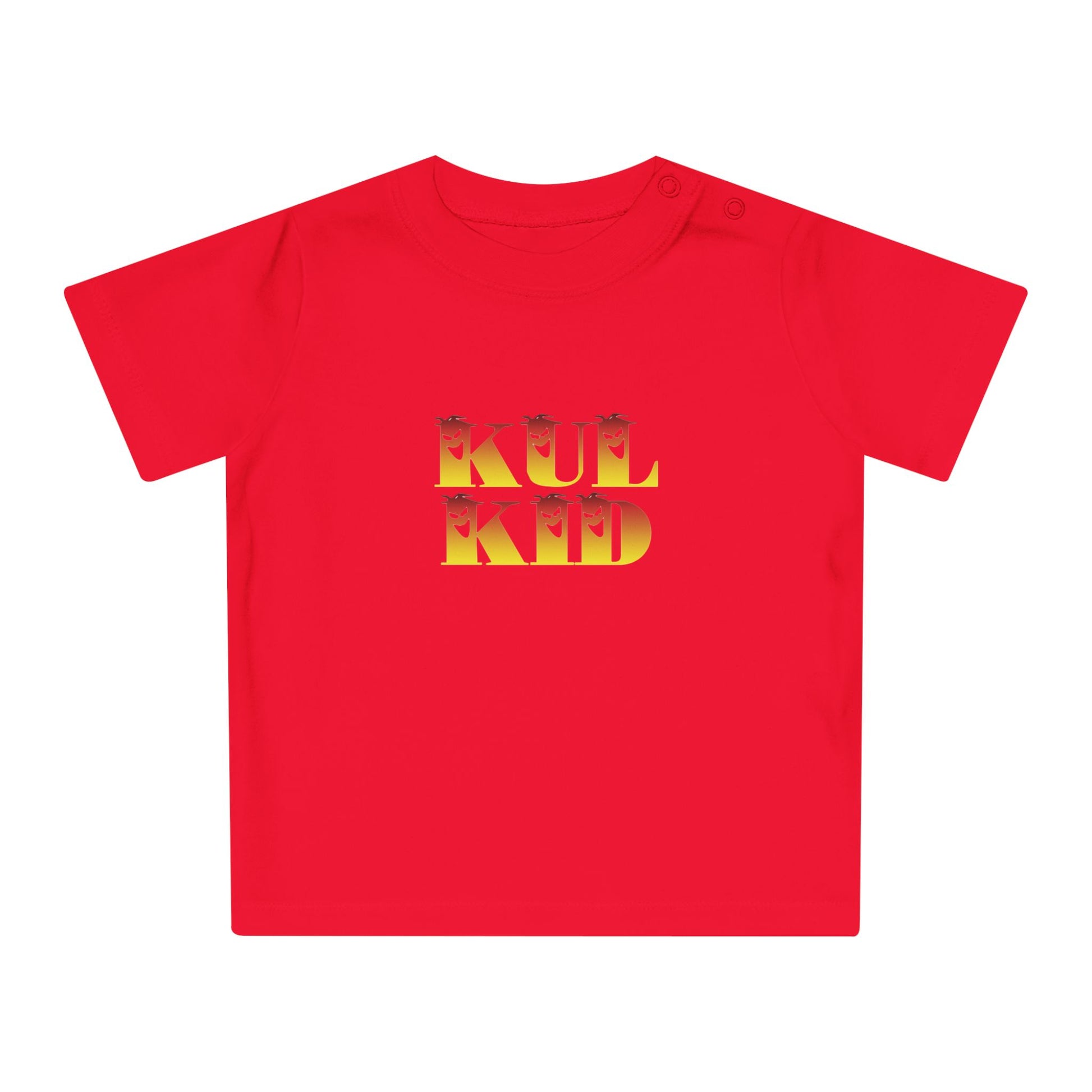 Rød baby-t-skjorte med KUL KID Solspøkelse-logo trykket på fronten.