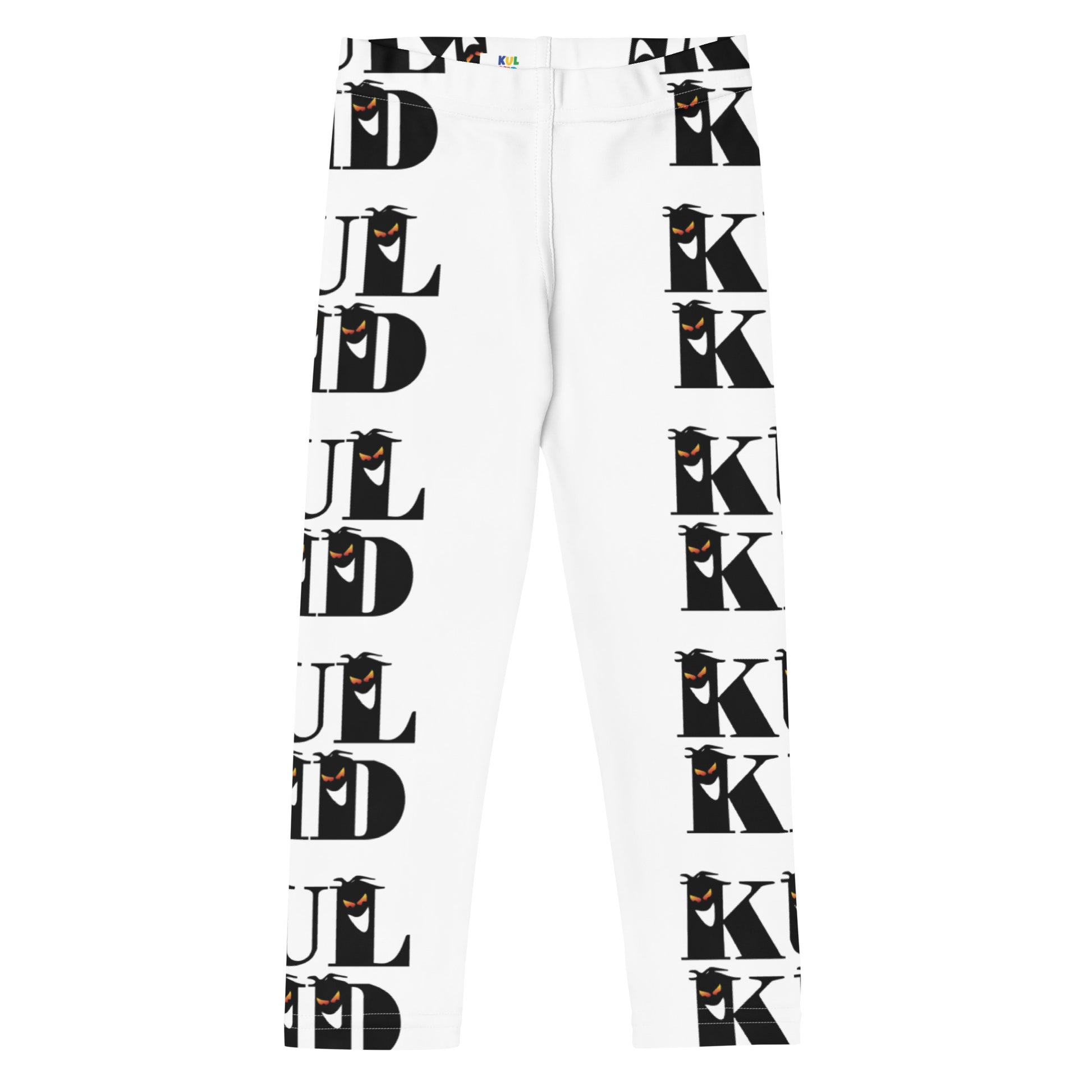 Hvite KUL KID leggings med svart Spooky-stripe-design langs bena.