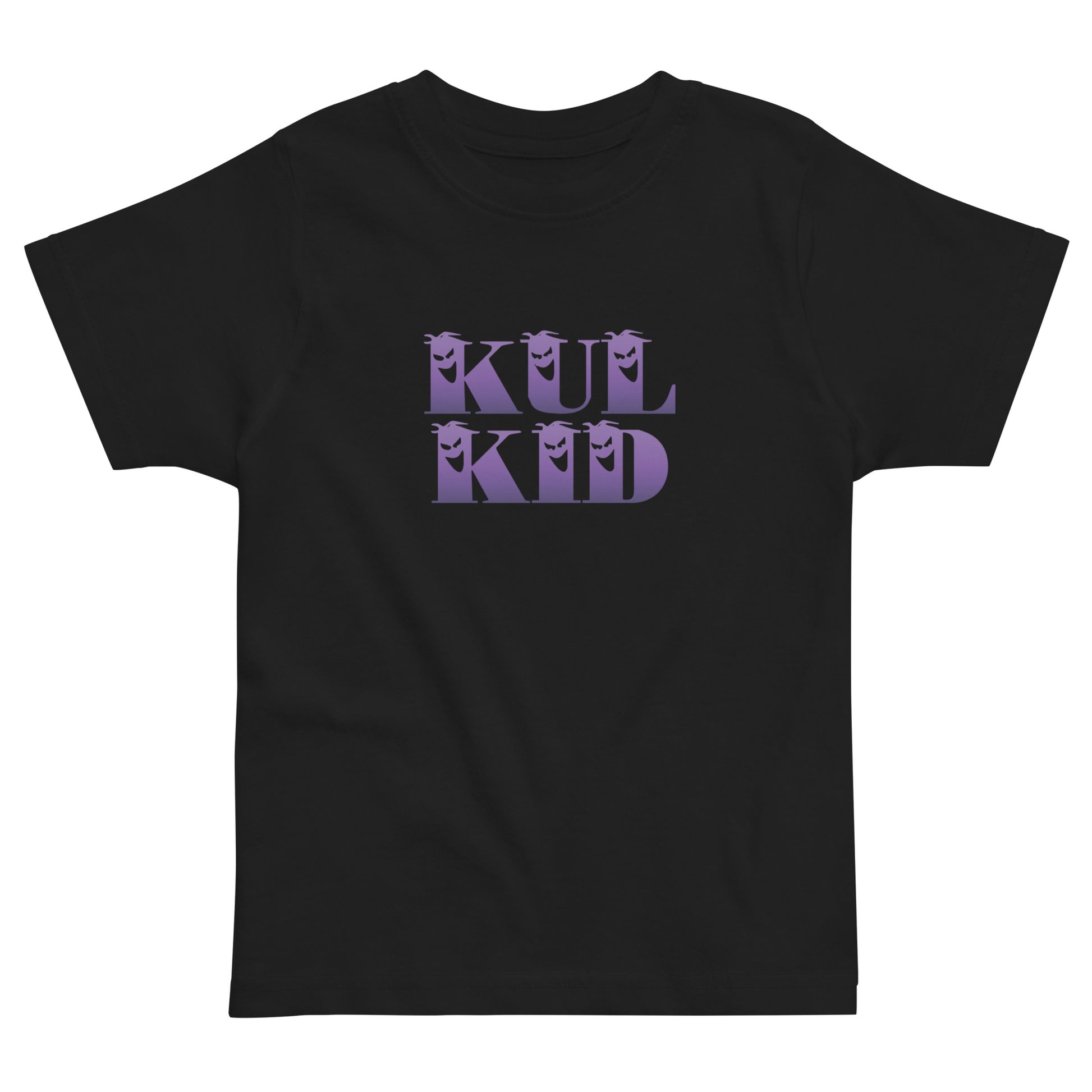 Sort barne-t-skjorte med lilla KUL KID Spooky-logo på brystet.