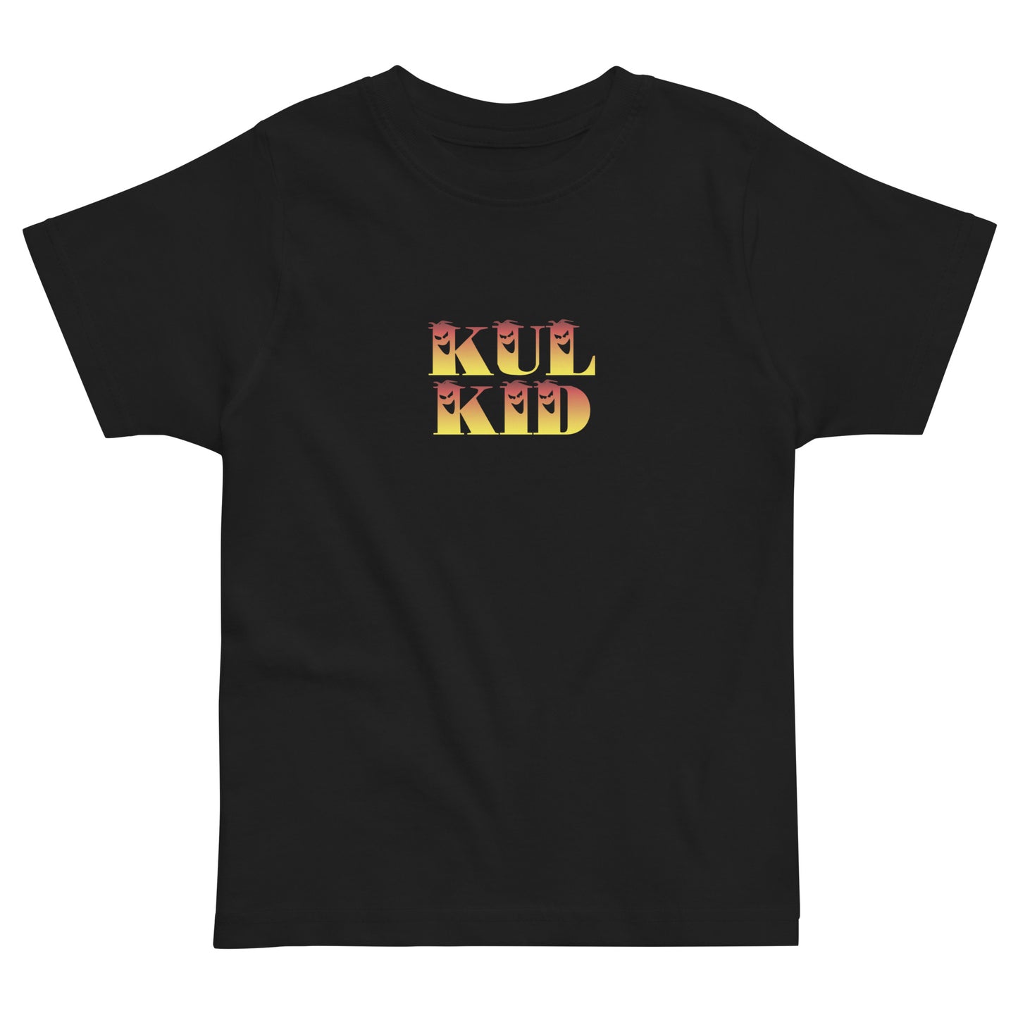 Svart KUL KID t-skjorte med Spooky Flamme-design i front.