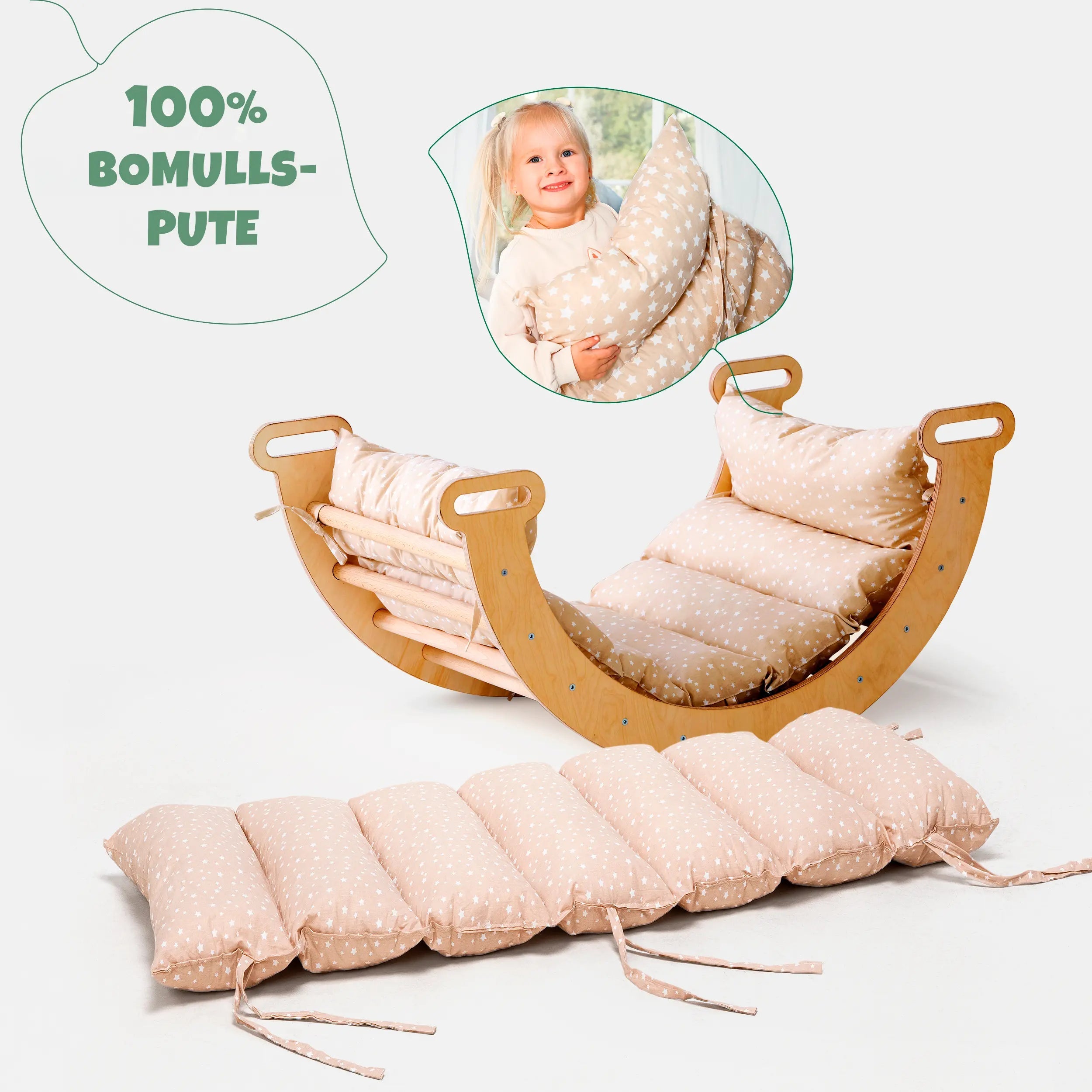 Klatrebue brukt som vippe med beige pute – Montessori lek for småbarn hjemme