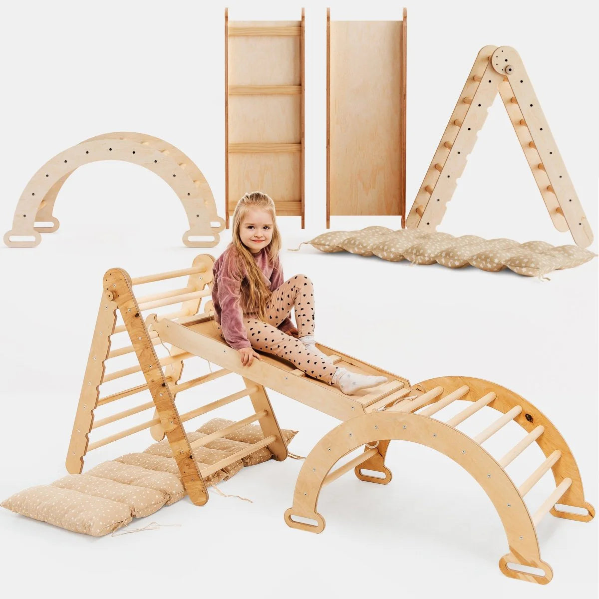4-i-1 Montessori klatrestativ med pute i bjørkefiner – barn 1–7 år, beige