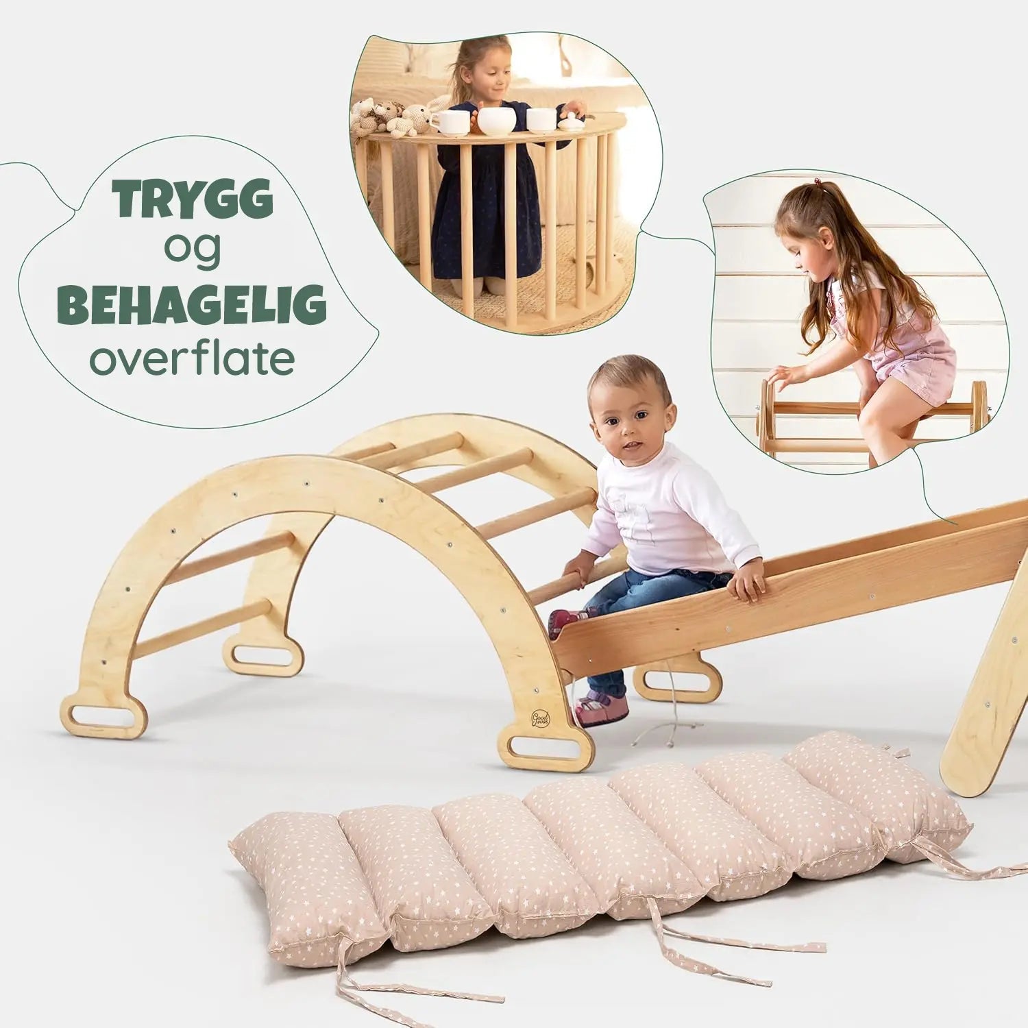 2-sidig sklie og klatrerampe i naturlig bjørkefiner – del av 5-i-1 Montessori sett