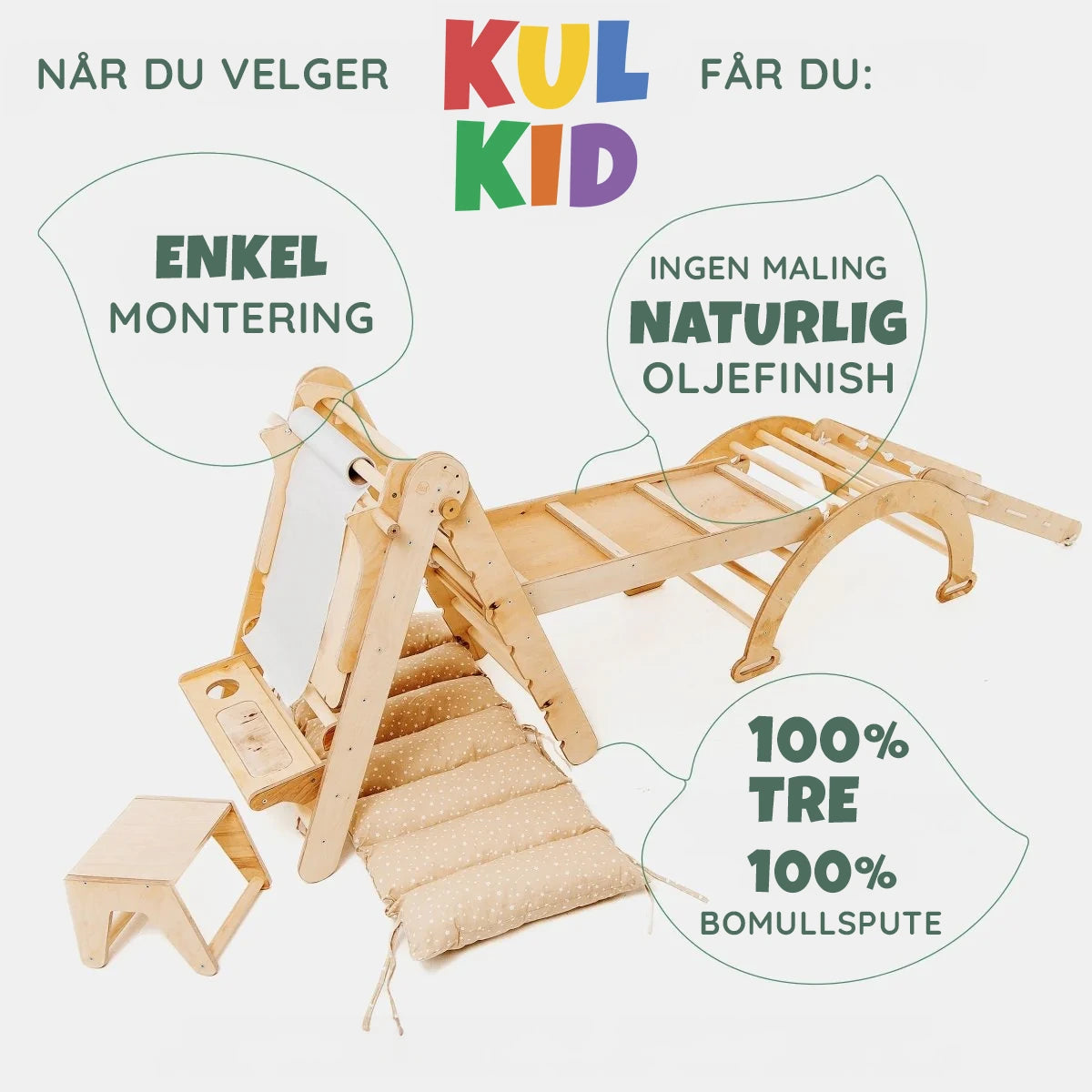 Alle 6 deler av Montessori klatresett – bue, nett, pute, sklie, stige og kunsttillegg