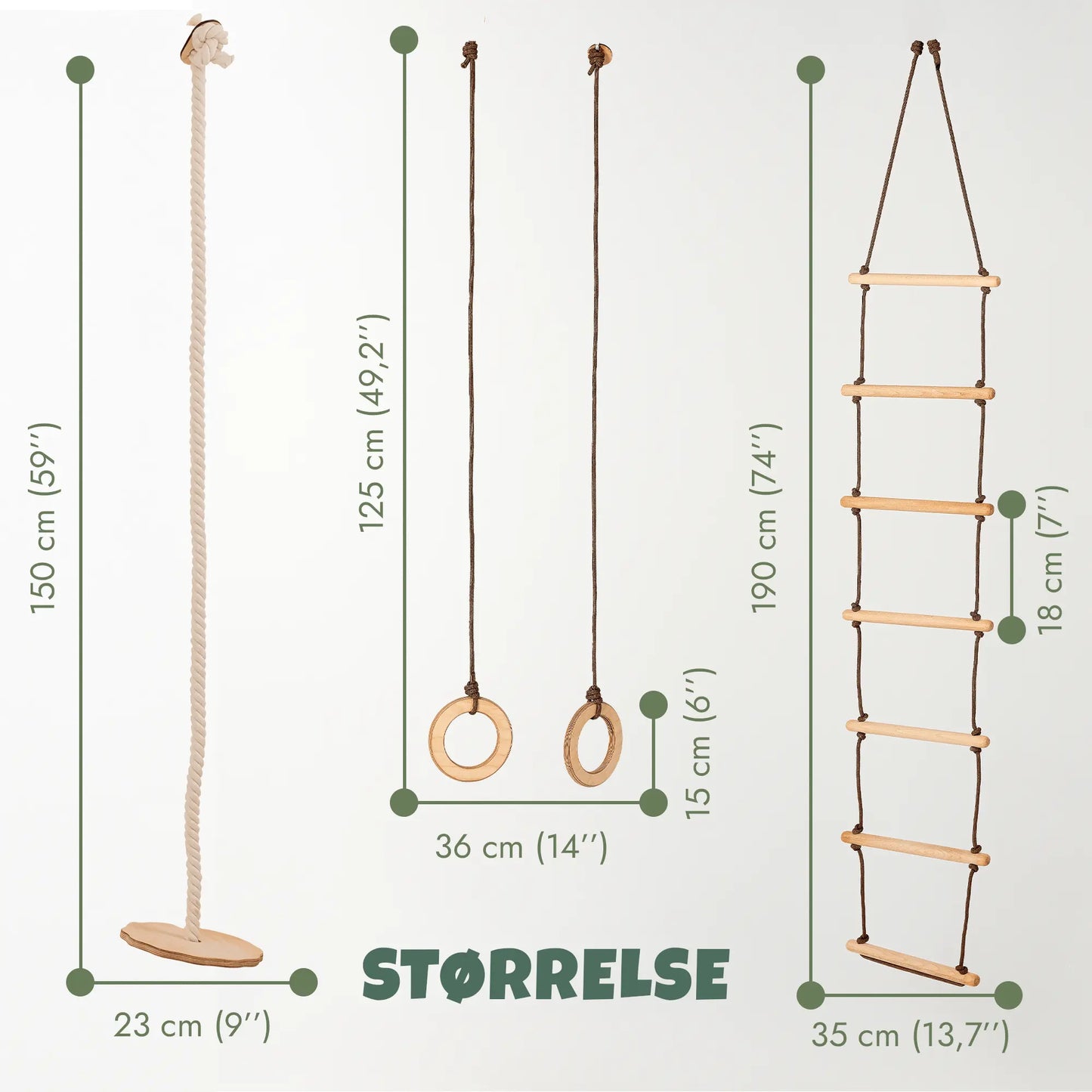 3-i-1 Klatre- og huskesett – Tallerkenhuske, turnringer og taustige