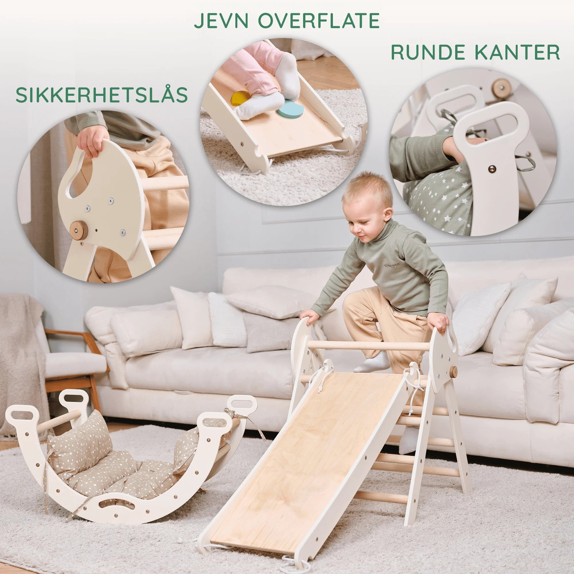 Sikkerhetsdetalj på Montessori klatrestativ – håndslipt bjørkefiner, ingen skarpe kanter